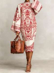 2026新款女士印花立领喇叭袖不对称下摆优雅连衣裙，适合夏季约会、毕业派对、下午茶等场合，尤其适合年轻职业女性春季通勤穿着。 - 彩色 - 查看 3