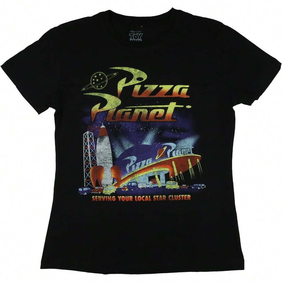 Toy Storys T-Shirt Women's Pizza Planet Distressed Design Short Sleeve Adult Tee - Black - View 1