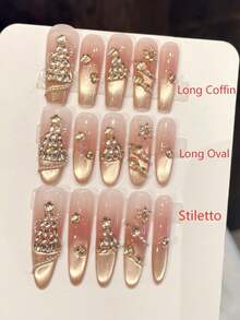 10pcs Handmade Coffin/Elongated Oval/Stiletto Nail Stickers, Suitable For Parties And Daily Wear, "Golden Diamond Gradient" Design, Luxurious And Elegant, Easy To Apply, 10pcs Y2K Style Handmade Nail Stickers For Women, Suitable For Holidays, Parties And Daily Wear - Pink - View 19