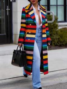 Valentine's Day, Date Night Outfit, Gifts For Her GLOURI Women's Rainbow Striped Trench Winter Long Coat - Double Breasted With Belted  & Statement Long Sleeves | Oversized Multicolor Outerwear For Christmas, Art Festivals, Fall Winter & Street Style - Stripe - 查看 3
