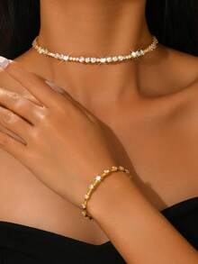 优雅女士金色水晶项链手链套装，闪耀水晶网球项链及配套手链，晚宴、鸡尾酒会等场合的奢华礼物 - 1753-HB金色 - 查看 2