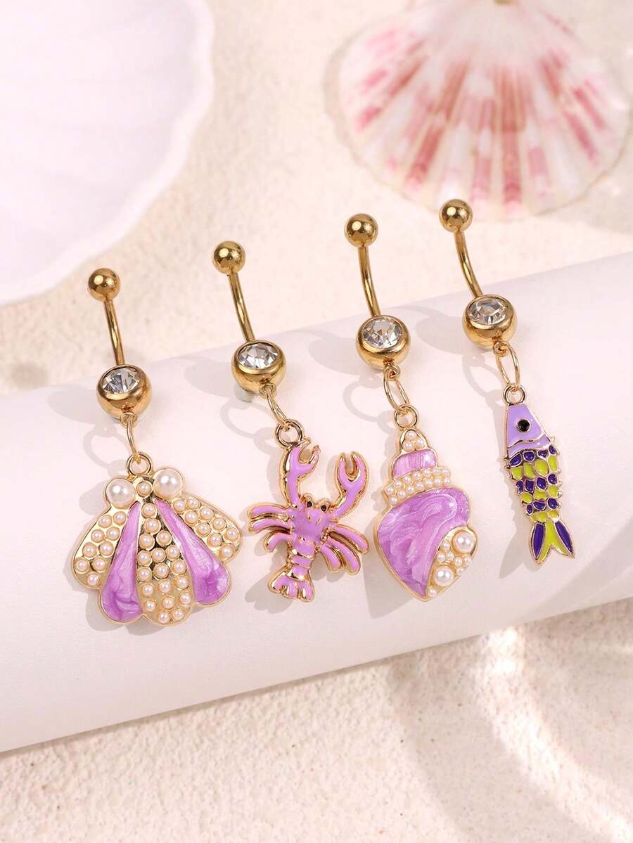 1件可爱、时尚、个性化、趣味、百搭的紫色海洋系列贝壳、龙虾、海螺吊坠肚脐环，沙滩度假风女性身体饰品 - 彩色 - 查看 1