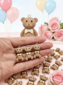 10/20/30/50/100个棕色扁平树脂卡通泰迪熊吊坠，可爱坐姿领结熊挂件，适用于DIY珠宝制作，耳环，项链，手链，钥匙扣 - 小熊 - 查看 10