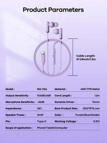 REMAX 胶囊形有线耳机，Type-C接口，高解析度音频和麦克风，降噪，低音立体声，兼容iPhone/安卓/PC，游戏耳机，1.2米防缠绕耳机线 - RM-09a - 查看 10