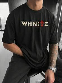 GRDR Men's Spring/Summer Crew Neck Short Sleeve Black Beige "WHNITE" Gothic Typography & Red Cross Print Loose Fit Fashion Casual Style T-Shirt - Black - View 1