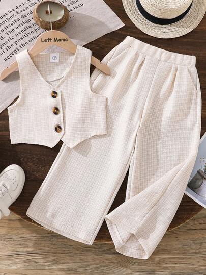Left Mama Young Girl Cute Casual Vest And Straight Leg Pants Set, Suitable For Outdoor And Daily Wear In Summer