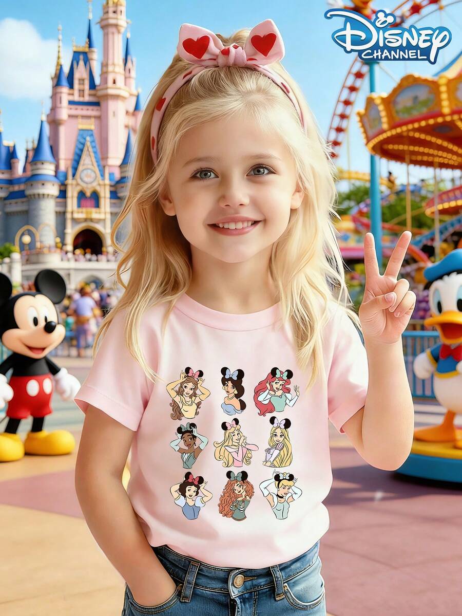 Disney Girls' T-Shirt Top, Disney Princess Minnie Mouse Cartoon Print, Cute, Stylish, Casual Summer Wear, Round Neck, Short Sleeve - 淺粉色 - 查看 1