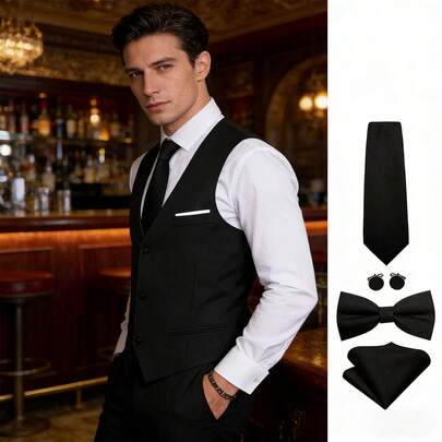 Docapeiton Plus Size Men's Black Satin Solid Color Regular Fit Vest Set, Includes Tie, Bow Tie, Pocket Square, Cufflinks And Flower Brooch, Size 1XL-3XL, Autumn Clothing