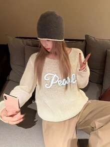 女士字母刺绣羊毛马海毛针织衫，镂空半透明百搭长袖宽松短款圆领套头衫 - 杏色 - 查看 2