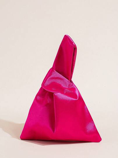 Chic Hot Pink Satin Knot Top Handle Bag, Triangle Pleated Evening Clutch For Women, Perfect For Party Prom Wedding Cocktail Dinner,Wrist Bag,Elegant Style Portable Purse,Knot Bag,Phone Wallet Clutch Bag Gift For Women,Triangle Pleated Handbag With Top Handle, Elegant Evening Clutch For Wedding Party Prom Cocktail Dinner, Lightweight Satin Purse For Date Night Gift