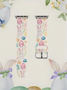 1条涂鸦兔耳蛋图案柔软弹性透气舒适替换表带，兼容三星、荣耀智能手表，尺寸可选38mm、40mm、41mm、42mm、46mm、45mm、44mm、49mm；节日礼物日常时尚休闲多色硅胶表带，兼容苹果手表Ultra SE/11/10/9/8/7/6/5/4/3/2/1；复活节主题表带图案 - 彩色 - 查看 14
