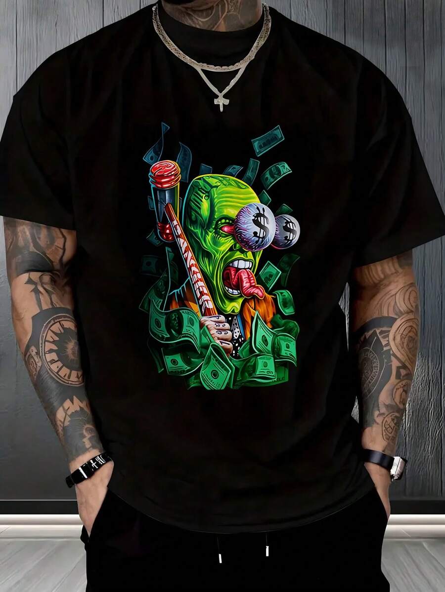 Camiseta Hombre, payaso verde dinero, vibrante, urbano, fiesta,playera de hombre,ropa de hombre,tops,regalos para hombre,nacional envio,y2k,oversize hombre. - Negro - Ver 1