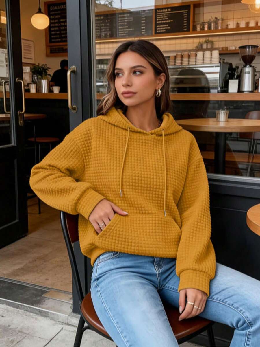 2026 New Women's Styles For Early Spring European & American Style Waffle Knit Texture Hooded Drawstring Kangaroo Pocket Loose Sweatshirt, Soft & Comfortable, Multiple Colors Available, Versatile For Commute, Gym, Casual Wear & Vacation, Bestselling Top - 黃色 - 查看 1