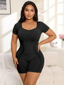 一件装女士无缝塑身衣，收腰收腹，提臀，高弹无缝设计，简约日常连体衣 - 黑色 - 查看 5