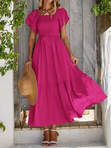 Women's Summer Casual Dresses Square Neck Ruffle Short Sleeve High Waist A-Line Wedding Dresses - Màu Hồng Tươi - Xem 4