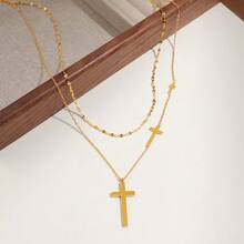 18K镀金双层十字项链，时尚精致不锈钢女士首饰 - 金色 - 查看 3