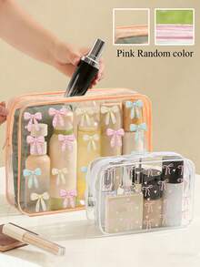 New Transparent Pink Bow Makeup Bag, Travel Storage Bag - PVC Transparent Toiletry Bag, Travel Essential, Portable Zipper Travel Toiletry Bag, PVC Makeup Bag, Large Capacity, Transparent Toiletry Bag, Waterproof Storage Bag, Back To School Essential - Multicolor - View 5
