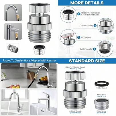 Sink Faucet To Garden Hose Adapter Swivel Faucet Adapter Kit With Aerator Sink Faucet Adapter To Garden Hose For Kitchen And Bathroom 3/4" GHT Thread