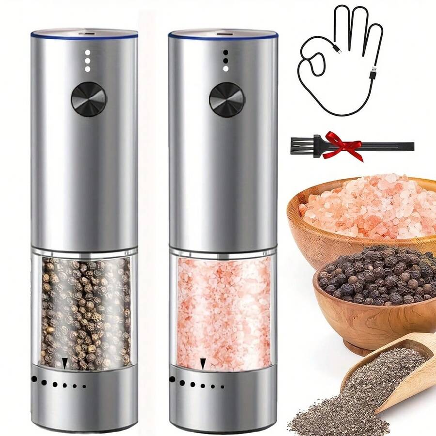 [Stainless Steel Grinder] 2pcs/1pc Rechargeable Electric Salt And Pepper Grinder Set, Premium Stainless Steel Automatic Pepper Salt Mill Grinder Set With LED Light, 3.2oz Larger Capacity, 6 Adjustable Coarseness
