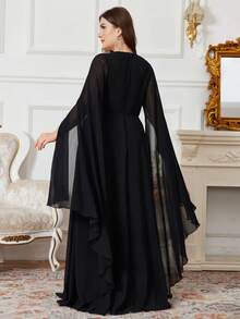 SUPGIR 深V领喇叭袖收腰连衣裙，奢华金色亮片拼接晚礼服 - 黑色 - 查看 2