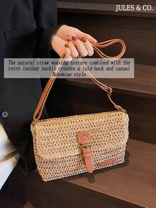 Vintage Fashion Large Capacity Woven Tote Bag, Beach Vacation Straw Shoulder Crossbody Bag , Summer - Khaki - View 6