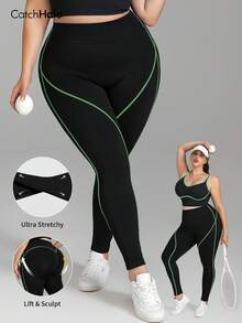 Plus Size Side Stripe Ribbed Tight Leggings For Women, Tummy Control 4 Way Stretch Non-See-Through Slim Fit Workout Leggings, Running Fitness Casual And Sports Wear - Đen / Xanh lục - Xem 2