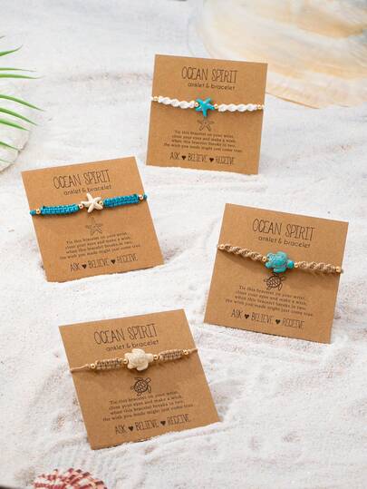 1pc Ocean Spirit Starfish Sea Turtle Wish Bracelet & Anklet Set - Handwoven Beach Jewelry With Sea Shell & Turtle Charms, Boho Chic Style Beachy Jewelry Gift For Women (Random Cord Color)