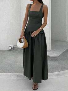 Look Polly 女士夏季度假连衣裙，粗肩带露背性感连衣裙，适合海滩、度假、生日派对、通勤等场合。 - 軍綠色 - 查看 3