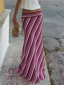 条纹半身裙，腰部设计，缎面垂褶，复古法式风格显瘦半身裙，适合度假、海滩和夏季日常穿着。 - 彩色 - 查看 1