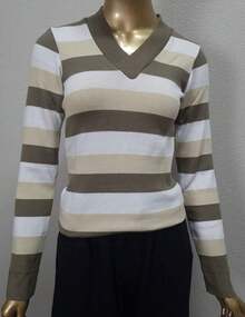 Women's Cold Weather Blouse | Women's Striped Long Sleeve Blouse | Striped V-Neck Blouse | Stripes - Màu Khaki - Xem 5