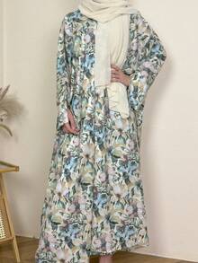 2 chiếc áo choàng Abaya in họa tiết thanh lịch, tay áo xẻ, có khăn trùm đầu, phù hợp cho phụ nữ, thể hiện sự duyên dáng, thời trang và thanh lịch thường ngày - màu xanh lá - Xem 2