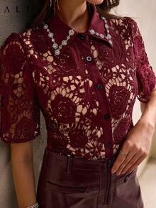 Women's Elegant Lace Collar Blouse, Rhinestone Collar Design, Suitable For Daily Wear, Dates, Holidays, And Wedding Season, Spring/Summer - Burgundy - View 1