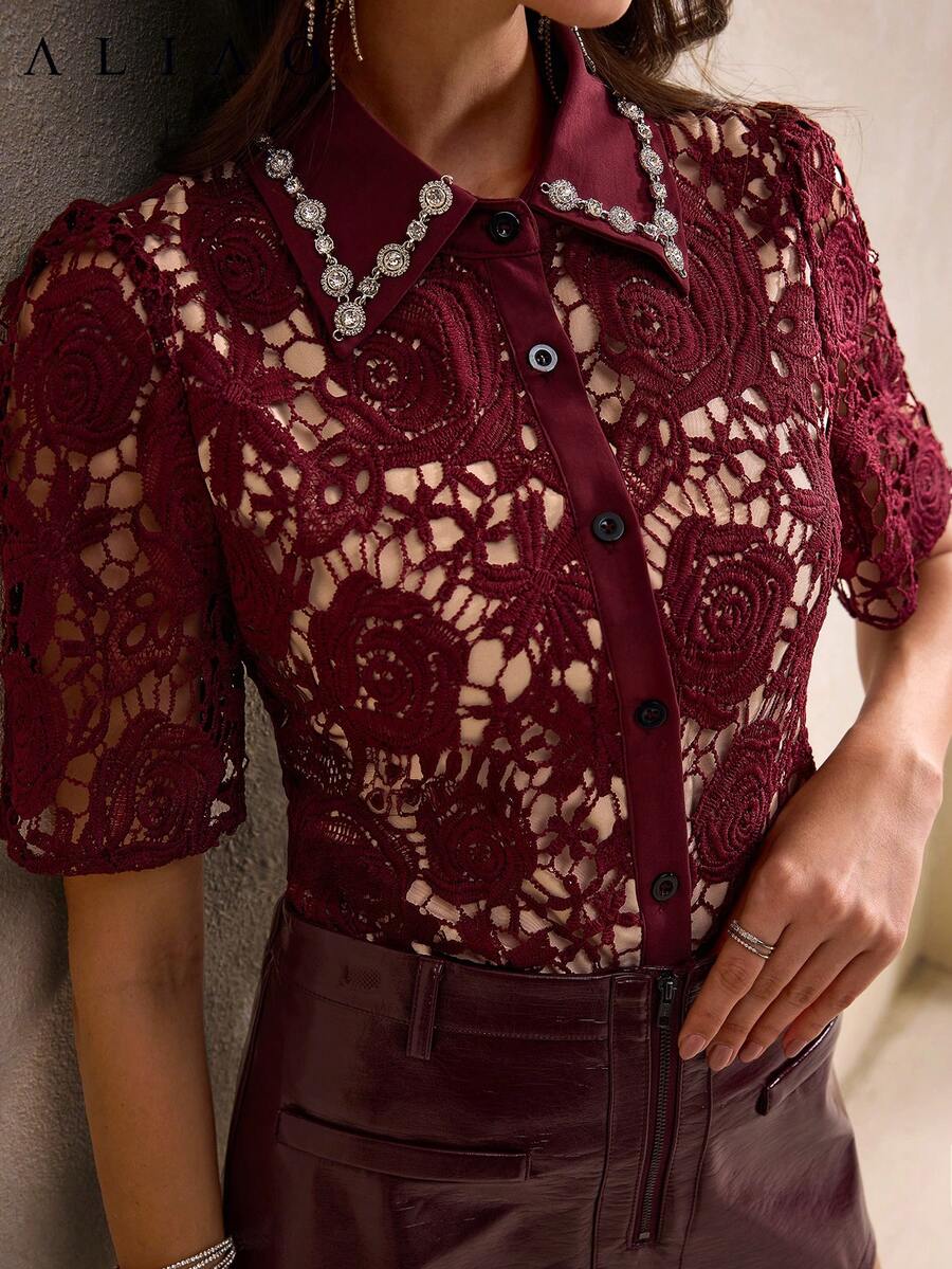 Women's Elegant Lace Collar Blouse, Rhinestone Collar Design, Suitable For Daily Wear, Dates, Holidays, And Wedding Season, Spring/Summer - Burgundy - View 1