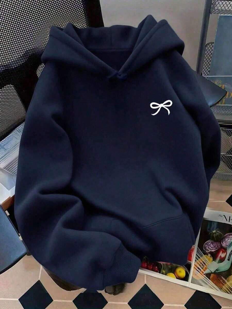 1pc Cute Versatile Bow Pattern Women's Long Sleeve Pocket Casual Hoodie 270 Grams, (50% Cotton+50% Polyester Fiber) - 藏蓝色 - 查看 1