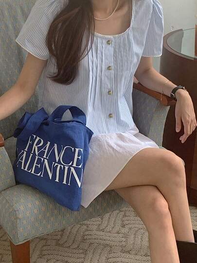 温柔甜美女孩蓝色条纹荷叶边拼接衬衫