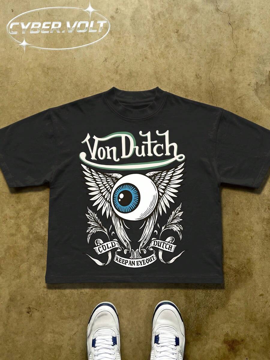 Dutch Manfinity Y2K Style  Print (180g Pure Cotton T-Shirt) Cotton T-Shirt - Soft And Breathable, Green Print 100% Pure Cotton Fabric - Comfortable And Vibrant Summer Streetwear Short-Sleeved T-Shirt, Cool Motorcycle Design, Vintage Summer Men's Everyday Wear T-Shirt - màu đen - Xem 1