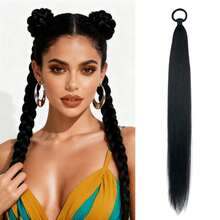 Extensiones de cabello morado de 24 pulgadas con banda elástica, cabello sintético trenzado liso para peinados de trenzas y coletas DIY - Multicolor - Ver 16