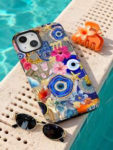 1pc Tropical Floral & Evil Eye Glitter Pattern Glossy 2-In-1 Phile Shell Full Coverage Hard Phone Case Compatible With Samsung/ 11/12/13/14/15/16/17 Pro Max - Multicolor - View 3