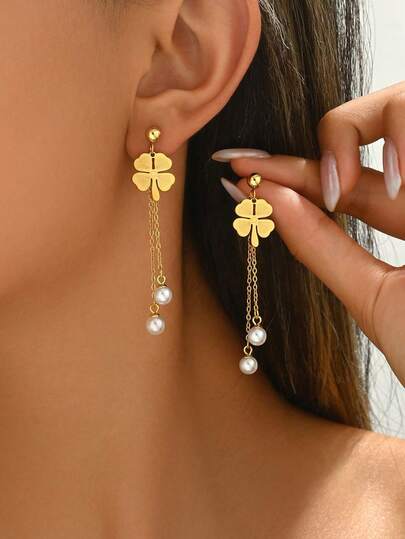 一对不锈钢花朵流苏吊坠珍珠耳环，优雅个性化庆典派对婚礼法式耳环配饰，女士