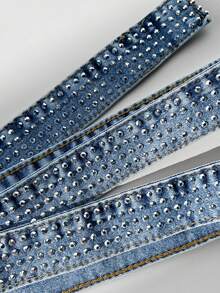 ChicMe Pantalones vaqueros de tiro alto con todo el Body de rhinestones - Pantalones vaqueros de pierna ancha con cinturón a juego de rhinestones - Lavado ligero - Ver 7