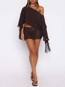 Women Y2k Sheer Chiffon Poncho Top Double-Layer Solid Color Off Shoulder Asymmetrical Shrug Flowy Shawl Wraps See Through Ruffle Vacation Beach Cover Ups - Màu nâu Sô-cô-la - Xem 7