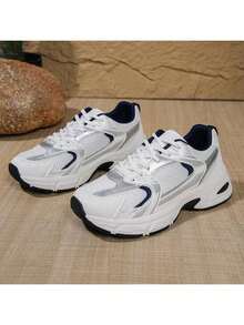 American Retro Contrast Color Running Shoes, Mesh Breathable, Thick Bottom Cushioning, Campus, Street, Daily Wear Template, Running Shoes To Grasp The Relaxation Feeling, 5cm High Casual Shoes - màu xanh da trời - Xem 8