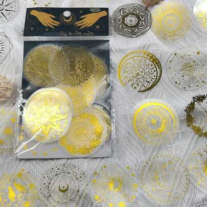 SCXXBSW 50 Pcs Cartoon Gilded Magic Moon & Sun Sticker Pack | Transparent PET Material, Self-Adhesive | Perfect For Decorating Phones, Computers, Notebooks, Water Bottles, Luggage & More