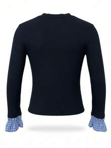 女士春夏格子拼接喇叭袖修身衬衫 - 黑色 - 查看 10