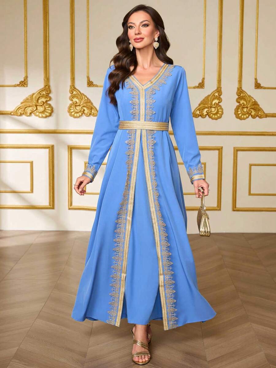Ramadan Clothing, Light Blue Lace Embroidered Women's Robe, V-Neck Cinching Waist Dress - Blue - View 1