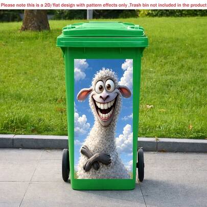 1P 2D平面印刷垃圾桶贴纸，俏皮绵羊主题设计，可爱快乐的绵羊垃圾桶贴纸，可移除防水乙烯基贴纸，趣味户外带轮垃圾桶装饰，适用于家居和花园，自粘墙纸装饰，适用于垃圾桶、墙壁、家居装饰