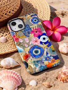 1pc Tropical Floral & Evil Eye Glitter Pattern Glossy 2-In-1 Phile Shell Full Coverage Hard Phone Case Compatible With Samsung/ 11/12/13/14/15/16/17 Pro Max - Multicolor - View 4