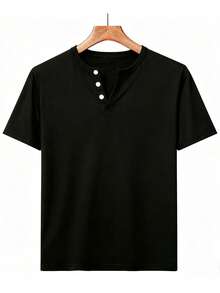 GRDR 1件男士V领休闲短袖T恤，商务风格，夏季新品 - 黑色 - 查看 4