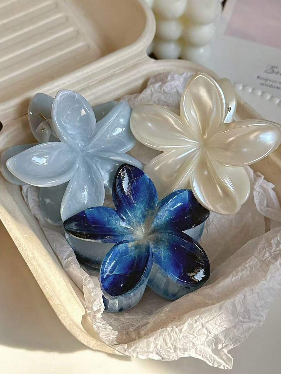 3个/套 8厘米/3.15英寸扎染花卉图案大理石纹理水波纹发夹,深蓝色、浅蓝色和米色可选,适合女性,优雅简约,百搭,适合日常、派对、工作、旅行、返校、校园装扮等场合,夏季发饰,花朵发夹,沙滩发夹,度假发夹,夏季发卡 - 彩色 - 查看 1