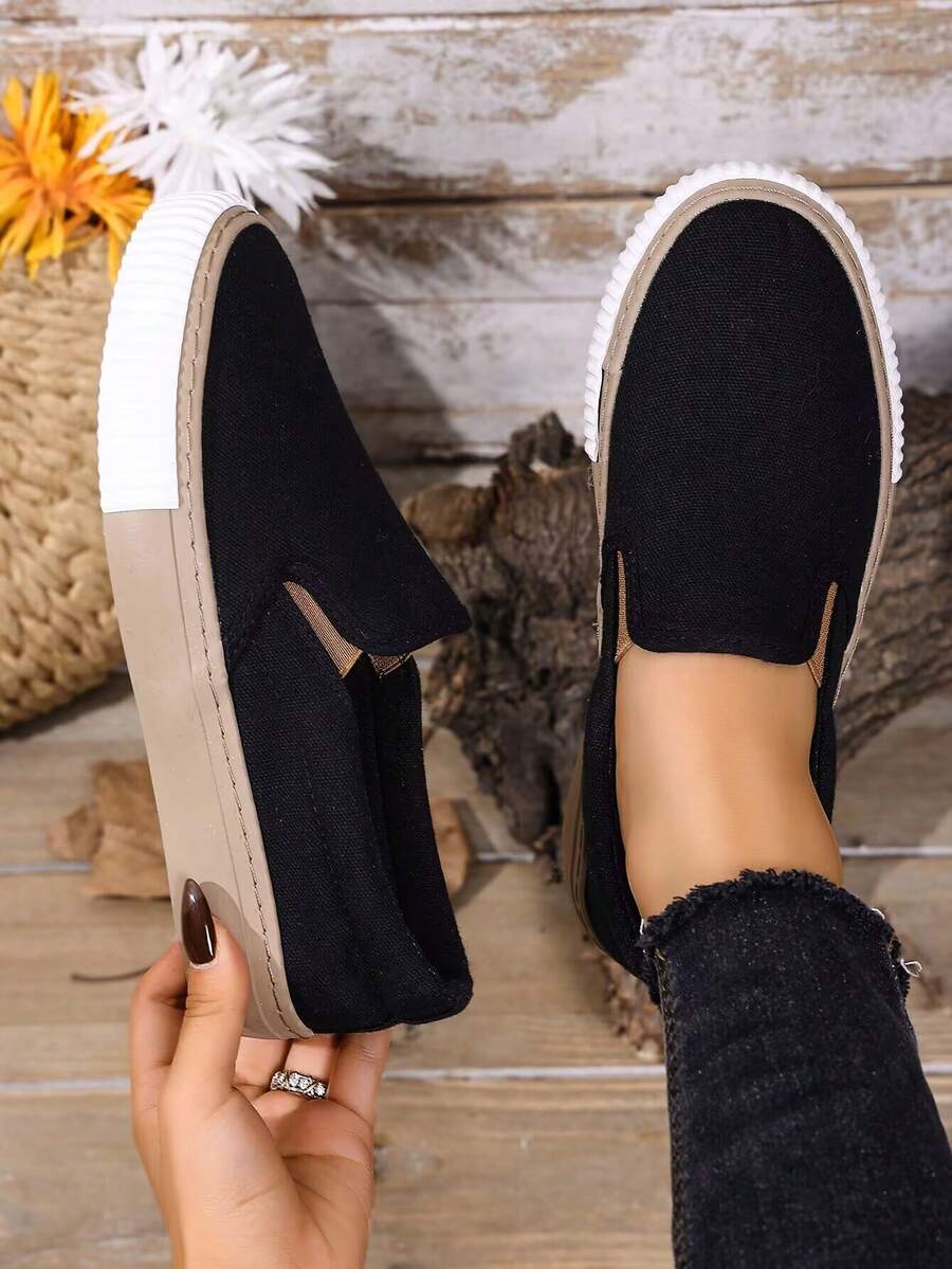 新款一脚蹬平底帆布鞋，舒适乐福鞋，步行鞋，时尚休闲运动鞋 - 黑色 - 查看 1